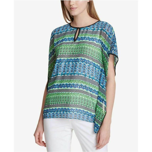 $80 Calvin Klein Printed Caftan Blouse Chiffon - Picture 1 of 12